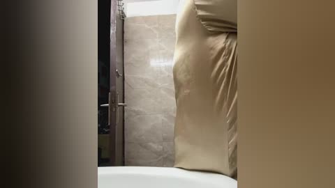 Media: A video of a beige-tiled bathroom with a partially visible bathtub, covered by a beige towel. The background features a dimly lit shower area with a metallic showerhead. The scene is modest and clean, emphasizing the beige color palette.