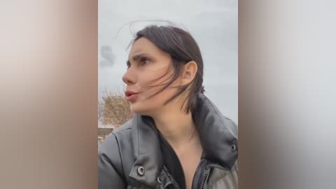 Media: A video of a woman with short dark hair, wearing a black leather jacket, gazing thoughtfully into the distance against a cloudy sky and a stone wall.