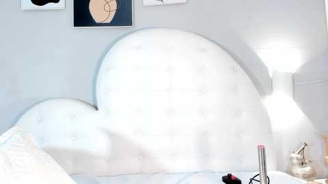 Media: Video of a minimalist bedroom featuring a large, tufted, white headboard shaped like a cloud, framed by two abstract paintings on a light blue wall. A modern white floor lamp and a metallic vase with pink flowers are on the nightstand.