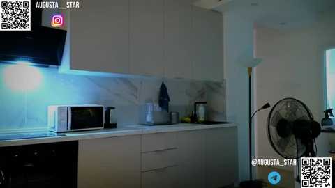 Media: Video of a modern, dimly lit kitchen with white cabinets, marble backsplash, microwave, kettle, and a ceiling fan. QR codes and social media handles are visible in the corners.