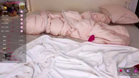 Media: Video of a messy, unmade bed with crumpled pink sheets and a red vibrator on the white duvet, showing a realistic, intimate bedroom setting.