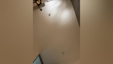 Media: A video of a beige ceiling with a metal ceiling fan and light fixture, showing a minimalist, slightly dimly lit room with a smooth, textured surface.