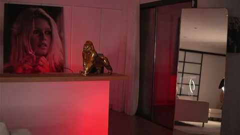 Media: Video of a dimly-lit room with a large, framed portrait of a woman in a red dress on a white wall. A golden lion statue and a red lamp are on the wooden counter.