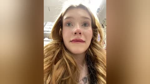 Media: Video of a fair-skinned, blonde woman with long, wavy hair, wearing a light-colored top, taken indoors with a blurred background. She has a neutral expression.