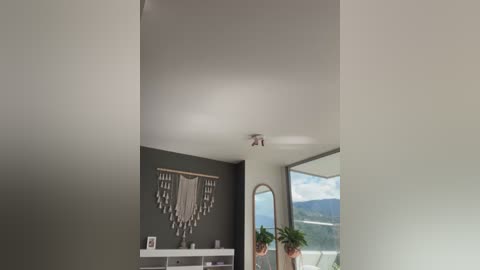 Media: Video of a modern, minimalist living room with a high ceiling, dark gray walls, a decorative macram\u00e9 wall hanging, a white console table, a potted plant, and large windows revealing a scenic view of mountains and a lake.