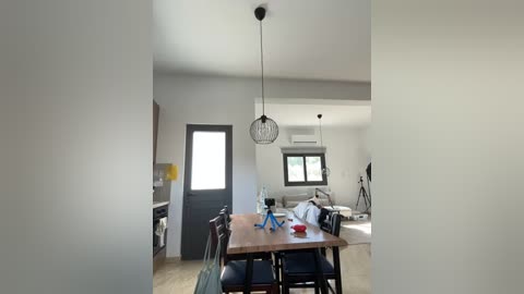 Media: Video of a minimalist, modern living room with a wooden dining table, black chairs, and a large, black, wire pendant light hanging from the ceiling.