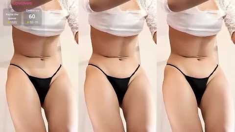 Media: A close-up video of a woman's midriff in a white crop top and black thong, showing gradual slimming over three images.