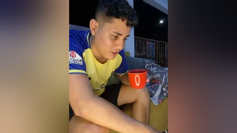 Media: Video of a young man with curly hair, wearing a blue and yellow sports jersey, drinking from a red Starbucks cup, sitting on a couch in a dimly lit living room.