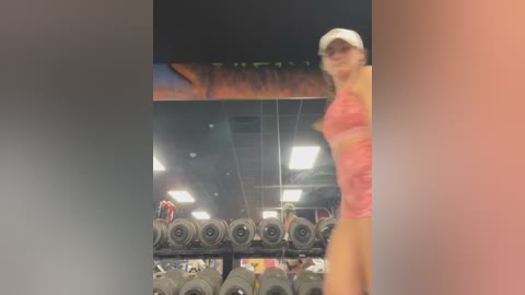 Media: Video of a fit woman with medium-length blonde hair in a white cap, wearing a pink sports bra and shorts, lifting a barbell with dumbbells in a gym with rows of weight racks and fluorescent lighting.