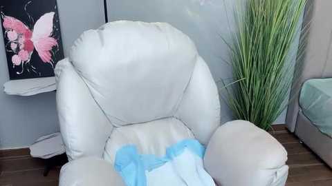 Media: A video of a white leather armchair with a blue blanket, set against a grey wall with a floral painting and a tall green plant.