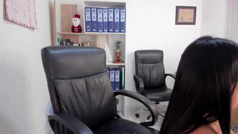 Media: Video of a modern office with two black leather chairs, a bookshelf filled with blue binders, a Santa Claus figurine, and a framed certificate on a white wall.