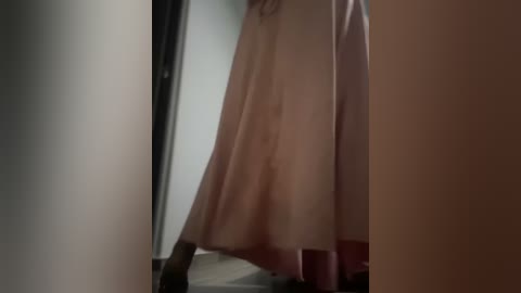 Media: A video of a person wearing a long, light pink dress with a flowing skirt, walking down a dimly lit hallway. The background features neutral walls and a closed door.