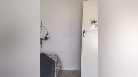 Media: Video of a small, minimalist bathroom with white walls, a closed door, a gray-patterned towel on a white toilet seat, and a simple hanging plant.