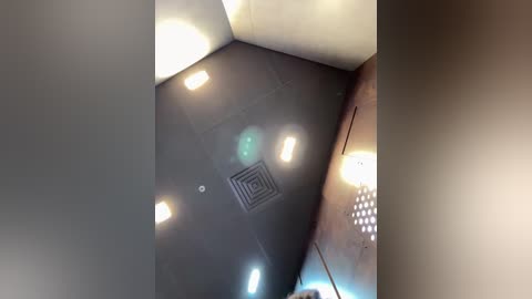 Media: Video of a dimly lit, narrow, metallic staircase with a grating at the top, featuring a central circular vent and three soft, glowing lights.