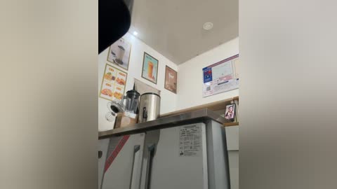 Media: Video of a compact, minimalist kitchen with a white fridge, stainless steel kettle, and framed artwork on beige walls.