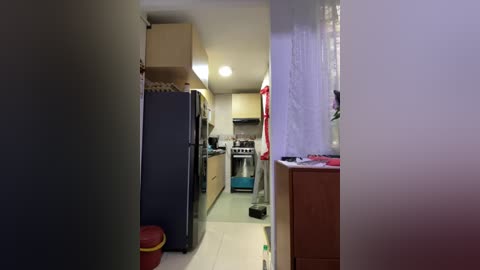 Video of a small, cluttered kitchen with beige cabinets, a fridge, and a stove. A red trash can sits near the entrance.