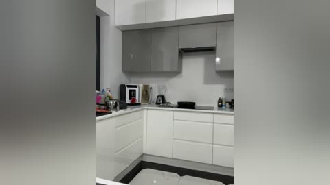 Media: Video of a modern, minimalist kitchen with white cabinets, black countertops, and stainless steel appliances. The space is clean and organized, featuring a microwave, toaster, and a black frying pan. The backsplash is white, and the floor is glossy black.