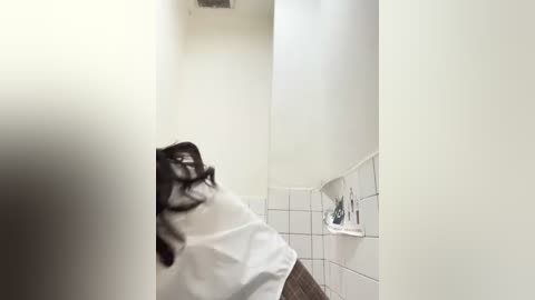 Media: Video of a white-tiled bathroom with a black cat perched on a white towel. The cat's fur appears sleek and shiny. The bathroom is simple and clean, with a white sink and a small green plant on the right.