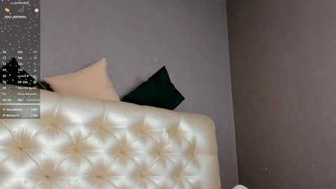 Media: Video of a modern, minimalist bedroom with a tufted, light beige headboard, two pillows in shades of beige and dark green, and a plain grey wall.