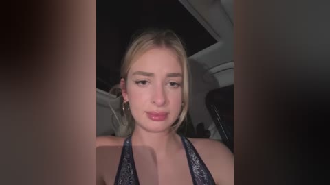 Media: A video of a young woman with fair skin, blonde hair, and blue eyes, wearing a dark top, taken inside a dimly lit car at night.