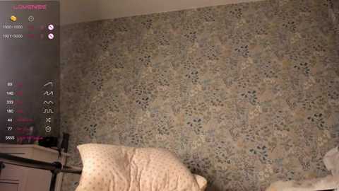 Media: Video of a bedroom with a beige wallpaper featuring a floral pattern. The bed has a white quilted coverlet and a dark metal frame.