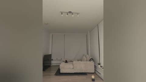 Media: Video of a minimalist, modern living room with light beige walls, a white sofa, a flat-screen TV, and a glass coffee table. A small candle is lit on the floor.