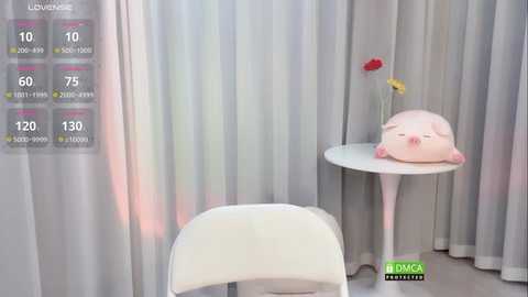 Media: Video of a minimalist room with pastel-colored curtains, a white chair, and a small round table with a pink Kirby plush and a yellow flower. A weather display shows temperature, humidity, and UV index.