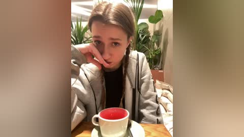 Media: A video of a young woman with long brown hair, wearing a grey jacket, resting her head on her hand at a wooden table, with a red drink and saucer in front of her.