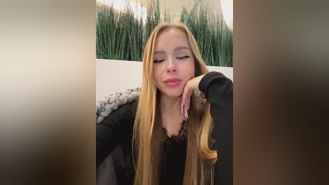 Media: Video of a blonde woman with long, straight hair, wearing a black top and a fur-trimmed jacket, sitting with her head resting on her hand, surrounded by tall green potted plants.