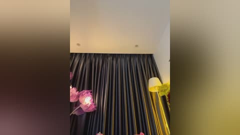 Media: Video of a modern interior with dark grey curtains, pink floral decorations, and a yellow floor lamp, set against a beige wall.