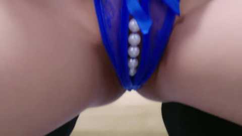 Media: Video of a close-up of a woman's shaved vulva, wearing a blue, sheer thong with pearl accents. Her skin is light, and the background is blurred.