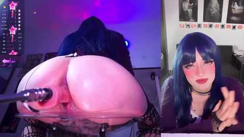 Media: Video of a woman with long blue hair and pale skin, wearing a choker and fishnet stockings, bent over a table with her anus visibly exposed, in a dimly lit room with posters and colorful lights in the background.