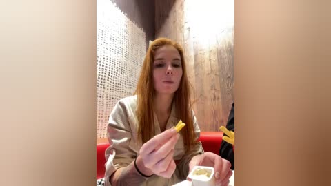 Media: A video of a fair-skinned, long-haired woman in a beige coat, eating a yellow cookie, seated in a red booth with a white mesh wall in the background.