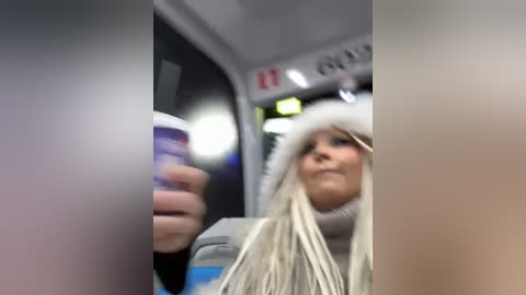 Media: A blurry video shows a blonde woman with a white fur hat and a blue jacket holding a coffee cup inside a moving subway car.