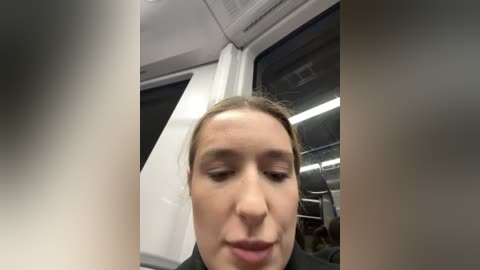 Media: Video of a Caucasian woman with light skin, brown hair pulled back, wearing a black top, smiling slightly, seated inside a train car.