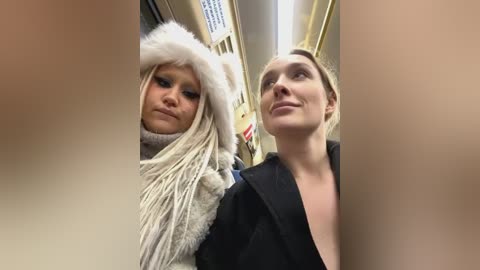 Media: Video of two women in a subway, one wearing a fluffy white hat and grey coat, the other with blonde hair in a black coat.