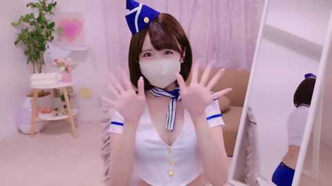 Media: A video of a young woman with a petite frame, wearing a white sailor outfit, blue hat, and face mask, making a heart shape with her hands. Background includes a white wall, plant, and shelves.