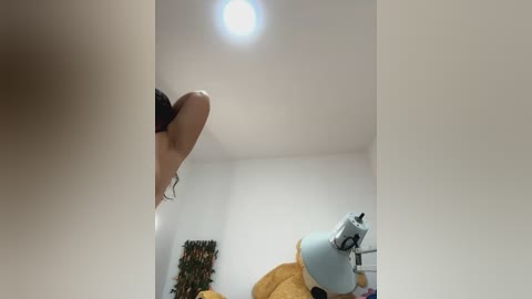 Media: Video of a nude woman with long dark hair, captured from a low angle, in a minimalist bedroom with a yellow beanbag, a green plant, and a white lamp.