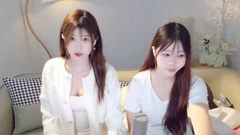 Media: Video of two Asian women with long, straight brown hair, wearing white tops, sitting on a beige couch with black-and-white checkered pillows. Background features a lamp, flowers, and a bookshelf.