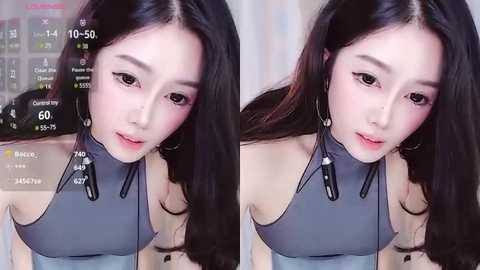 Media: A side-by-side video of an East Asian woman with long, straight black hair, wearing a sleeveless grey top, with makeup and earrings. The background is blurred, showing streaming app interface.