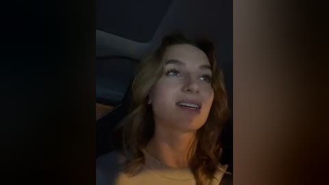 Media: A dimly lit video of a young woman with wavy brown hair and light skin, smiling and looking up. She wears a white shirt. The background is dark and indistinct, possibly inside a car.