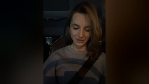 Media: A video of a smiling woman with light skin and shoulder-length brown hair, wearing a grey striped sweater, seated in a dimly lit car, with a seatbelt across her chest.