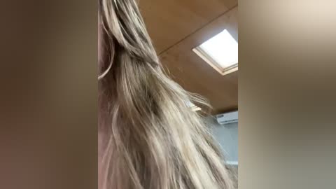 Media: A close-up video of a woman with long, straight, platinum blonde hair flowing downward, captured from a low angle. The background features a beige ceiling with a recessed light fixture. The image is slightly blurred.