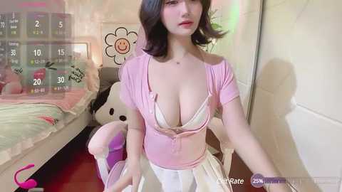 Media: A video of a light-skinned woman with short dark hair, wearing a low-cut pink top, posing seductively in a bedroom with a teddy bear, virtual reality headset, and a bed in the background.