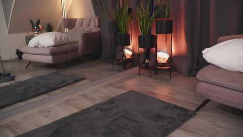 Media: Video of a modern, dimly-lit living room with beige sofas, dark grey rugs, tall potted plants, and warm ambient lighting.