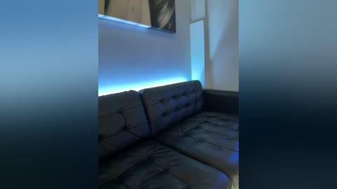 Media: A video of a modern, minimalist living room featuring a dark leather sofa with a tufted backrest, illuminated by a soft blue light strip. The room has a neutral color scheme with white walls and a black-and-white abstract painting.