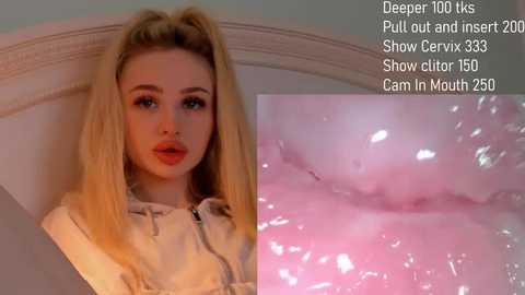 Media: Video of a young blonde woman with fair skin and red lipstick, wearing a light hoodie, against a light background. Text overlays with Deepthroat 100+ tips and close-up of a pink cervix.