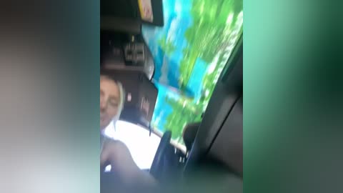 Media: A blurry video of a blonde woman with a light complexion wearing a white top, driving a car with a bright blue lake scene visible through the windshield.