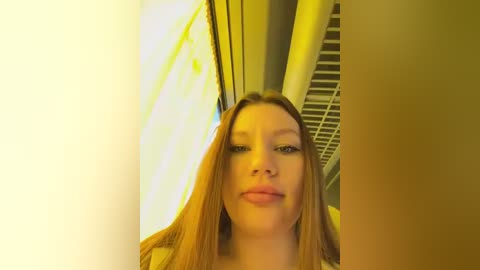 Media: Video of a young woman with long, straight, light brown hair, fair skin, and light makeup. She's inside a dimly lit bus, with yellowish lighting and a metallic ceiling visible.