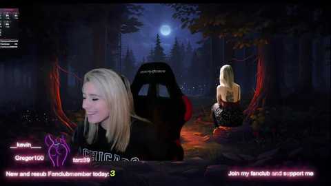 Media: A screenshot from a video game featuring a blonde woman in a black shirt, a black-haired man in a red hoodie, and a woman in a black dress, set in a dark forest.